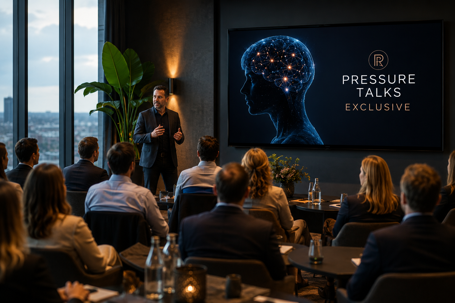 Spreker geeft een exclusieve masterclass over stressmanagement aan een managementteam.