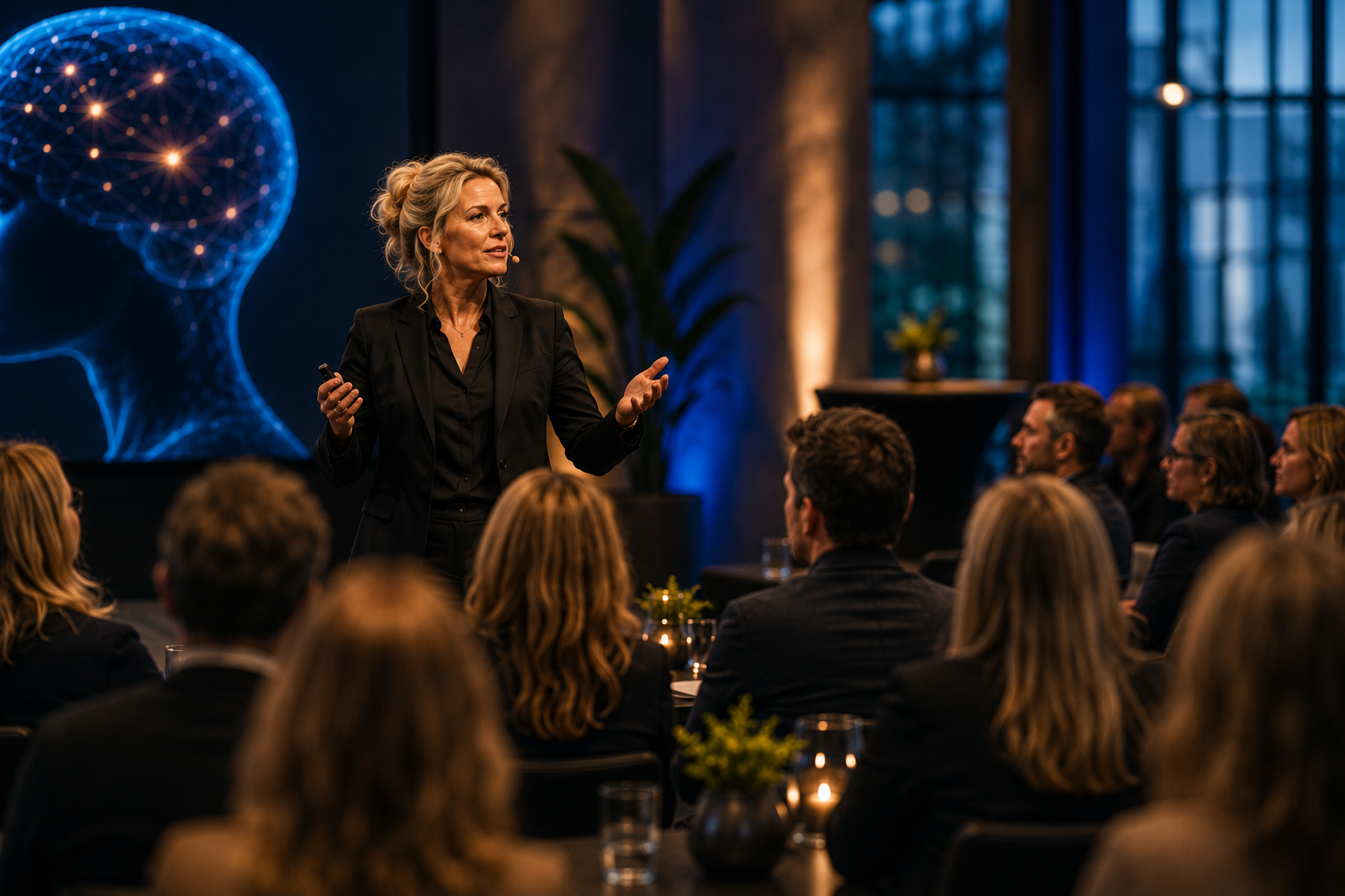 Spreker geeft een presentatie over het brein voor een aandachtig publiek.